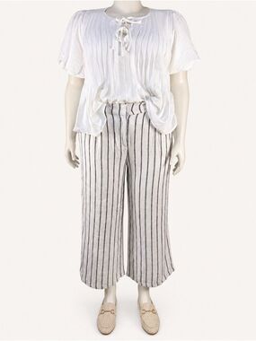 Dex Linen Blend White Black Stripe Wide Leg Crop Pants Pleated Coastal XL NWT